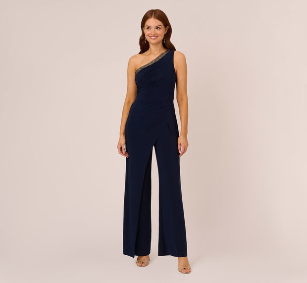 Aidan Mattox Beaded One-Shoulder Matte Jersey Jumpsuit In Midnight