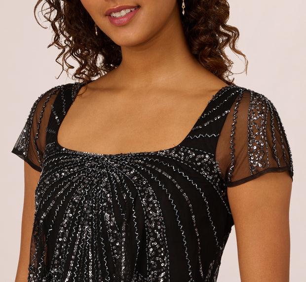 Aidan Mattox Beaded Popover Dress With Sheer Cap Sleeves In Black Gunmetal