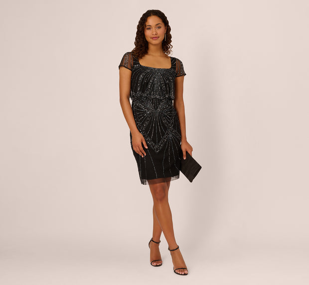 aidan mattox Beaded Popover Dress With Sheer Cap Sleeves In Black Gunmetal