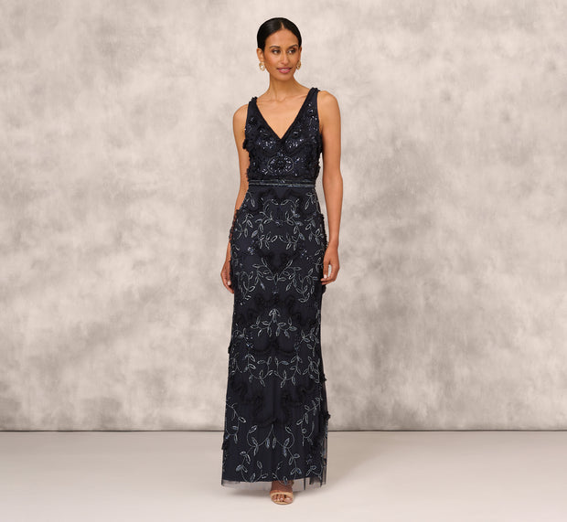 Aidan Mattox Beaded Ruffle Sleeveless Gown With V-Neck And Back In Twilight