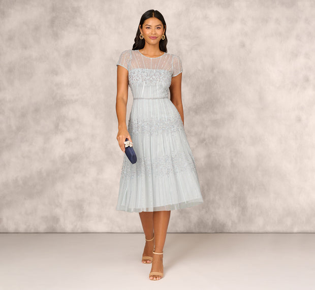 aidan mattox Beaded Short Sleeve Midi Dress With Sheer Details In Snow Globe