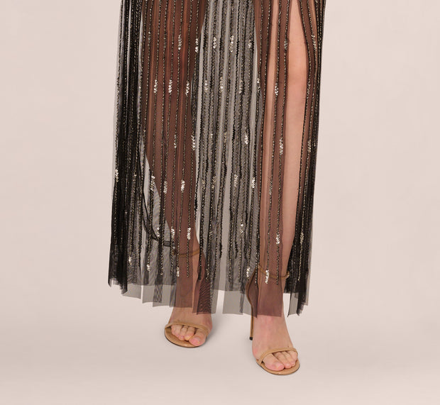 Aidan Mattox Beaded Sleeveless Dress With Carwash Hem In Black Mercury