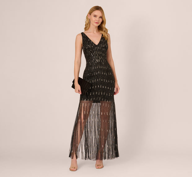 aidan mattox Beaded Sleeveless Dress With Carwash Hem In Black Mercury