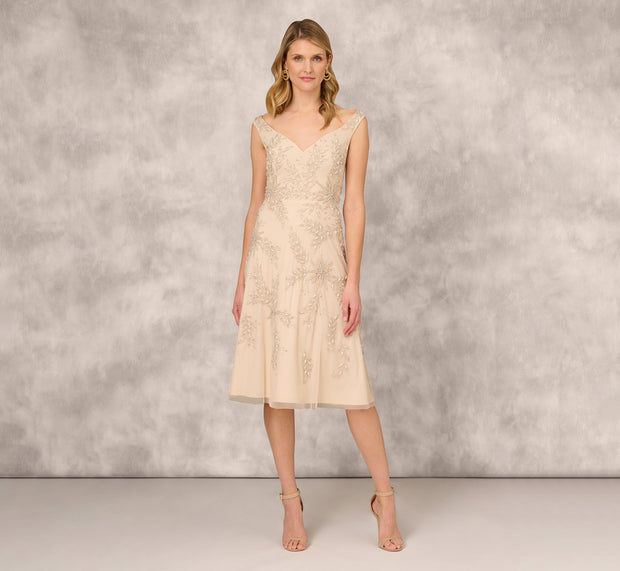 Aidan Mattox Beaded Sleeveless Midi Dress With Sweetheart Neckline In Champagne