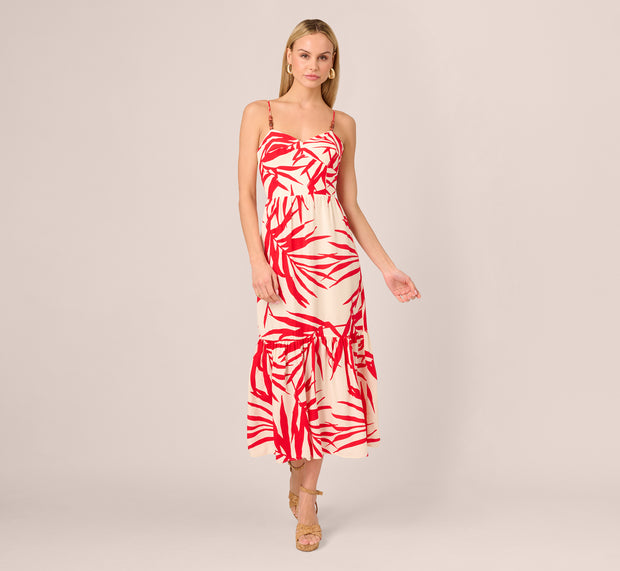 Aidan Mattox Beaded Strap Palm Leaf Flounce Sundress In Red Ivory