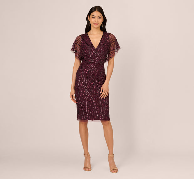 Aidan Mattox Beaded Surplice Midi Dress With Dolman Sleeves In Deep Amethyst