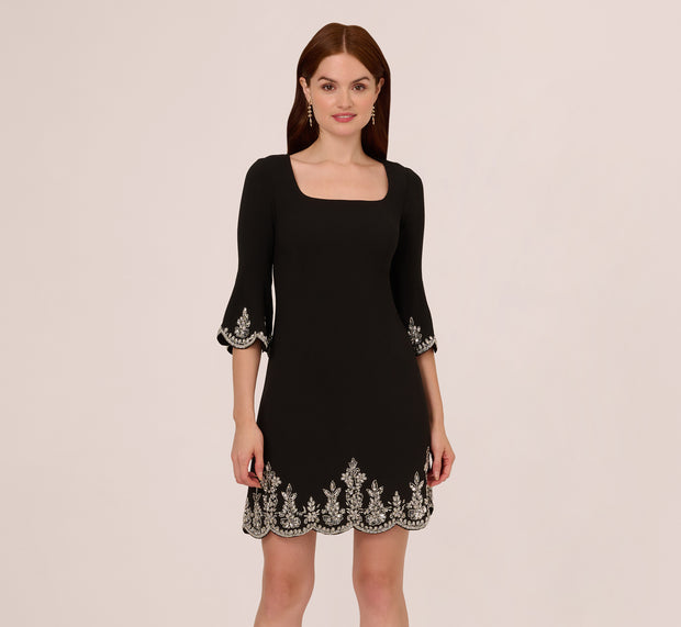 Aidan Mattox Beaded Three Quarter Sleeve Crepe Dress With Scallop Edges In Black