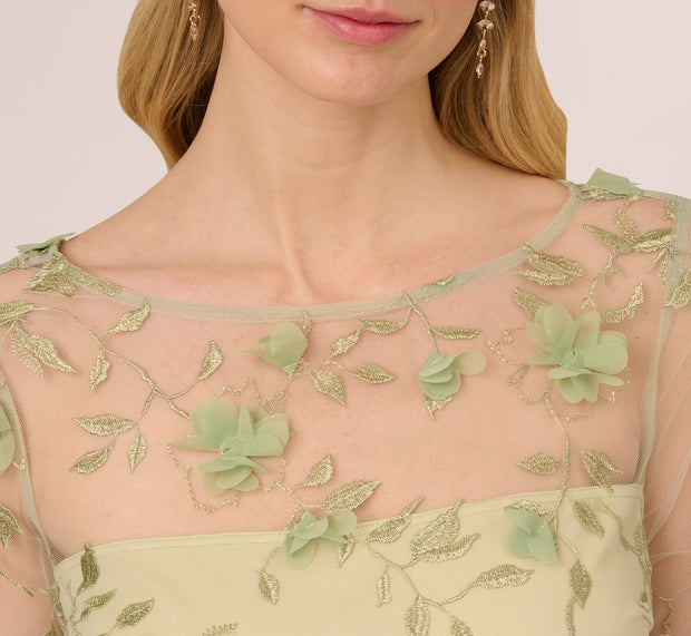 Aidan Mattox Bell Sleeve Floral Embroidered Illusion Sheath Dress In Sage Multi
