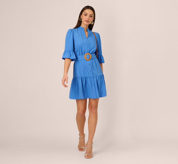 Aidan Mattox Bell Sleeve Short Shirt Dress In Cool Water