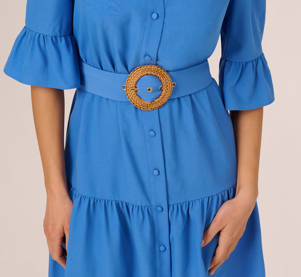 Aidan Mattox Bell Sleeve Short Shirt Dress In Cool Water