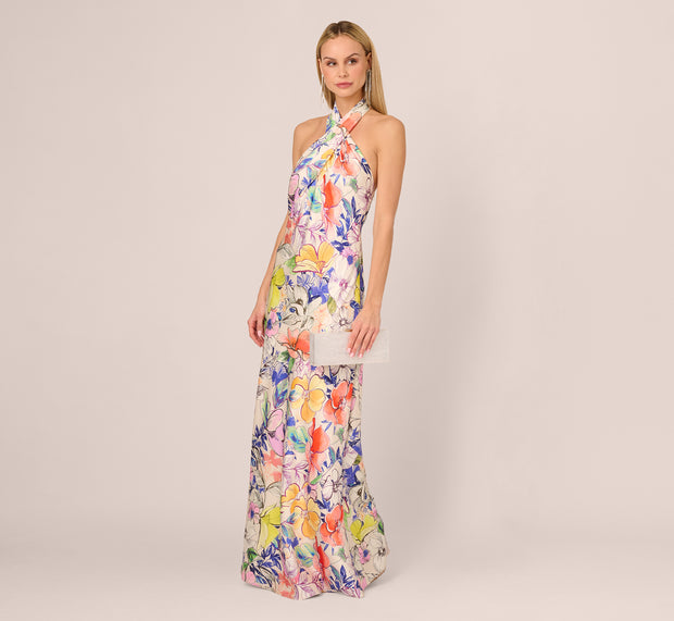 Aidan Mattox Bias Cut Floral Satin Halter Gown In Ivory Multi