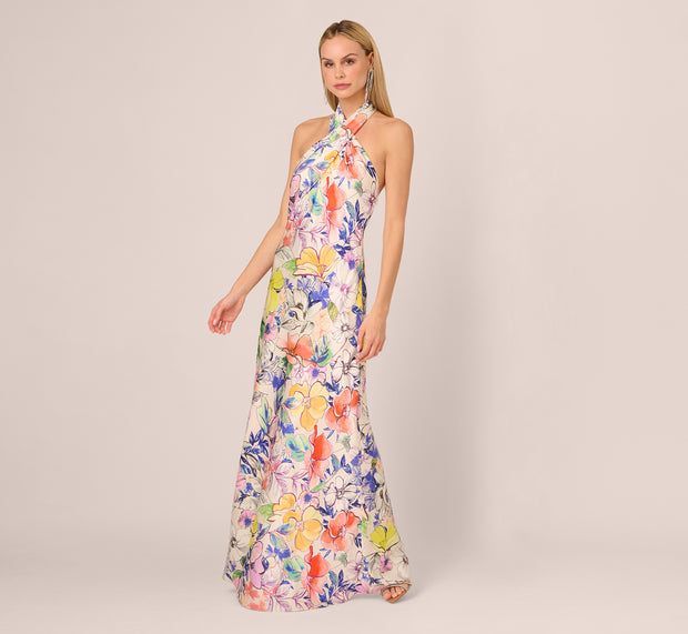 Aidan Mattox Bias Cut Floral Satin Halter Gown In Ivory Multi