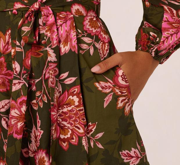 Aidan Mattox Bishop Sleeve Button Front Floral Romper In Olive Multi