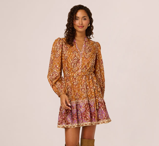 Aidan Mattox Bishop Sleeve Metallic Paisley A Line Dress In Brown Multi