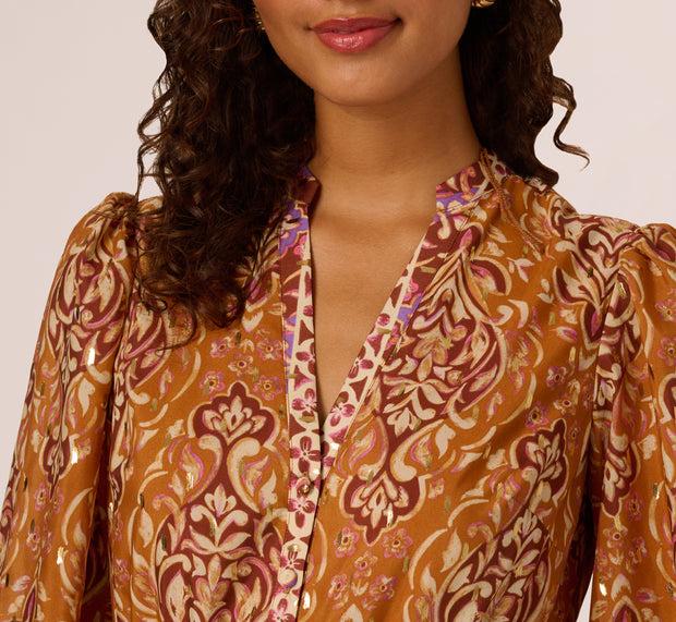 Aidan Mattox Bishop Sleeve Metallic Paisley A Line Dress In Brown Multi