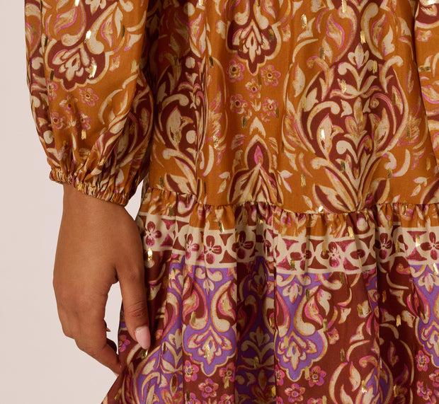 Aidan Mattox Bishop Sleeve Metallic Paisley A Line Dress In Brown Multi