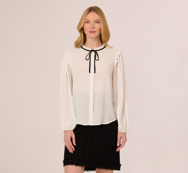 Aidan Mattox Bishop Sleeve Polka Dot Tie Neck Blouse In Ivory Miniature Dot
