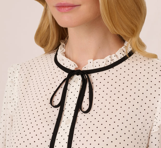 Aidan Mattox Bishop Sleeve Polka Dot Tie Neck Blouse In Ivory Miniature Dot