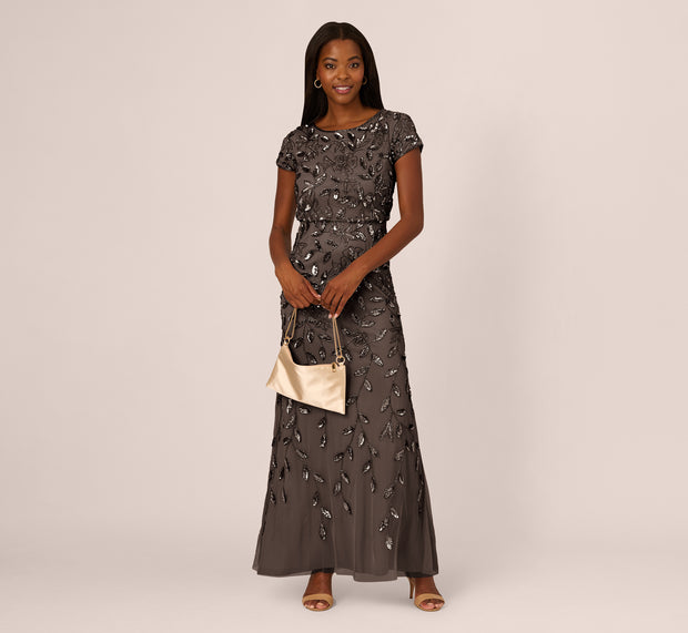 aidan mattox Blouson Short Sleeve Beaded Long Dress In Lead