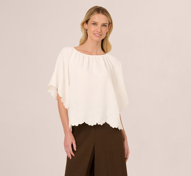 Aidan Mattox Boat Neck Short Sleeve Scallop Edge Top In Ivory