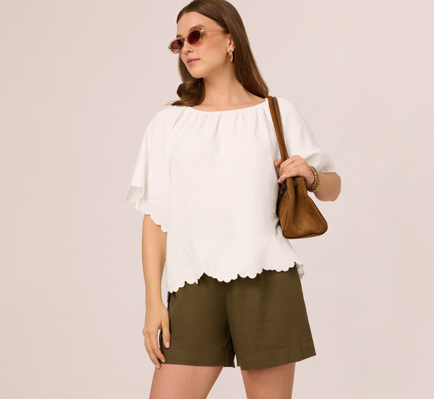 aidan mattox Boat Neck Short Sleeve Scallop Edge Top In Ivory