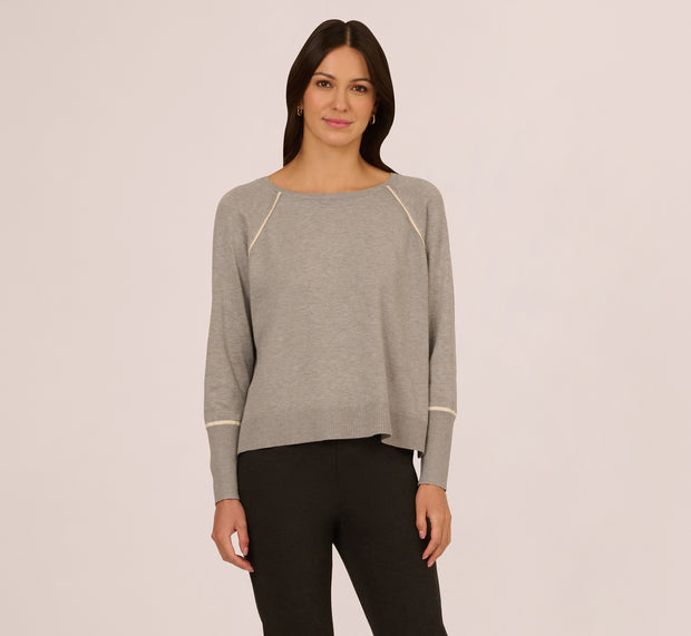 Aidan Mattox Boat Neck Slouchy Dolman Sleeve Raglan Sweater In Heather Grey Cream