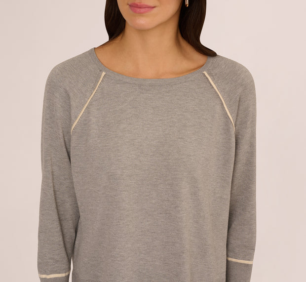 Aidan Mattox Boat Neck Slouchy Dolman Sleeve Raglan Sweater In Heather Grey Cream