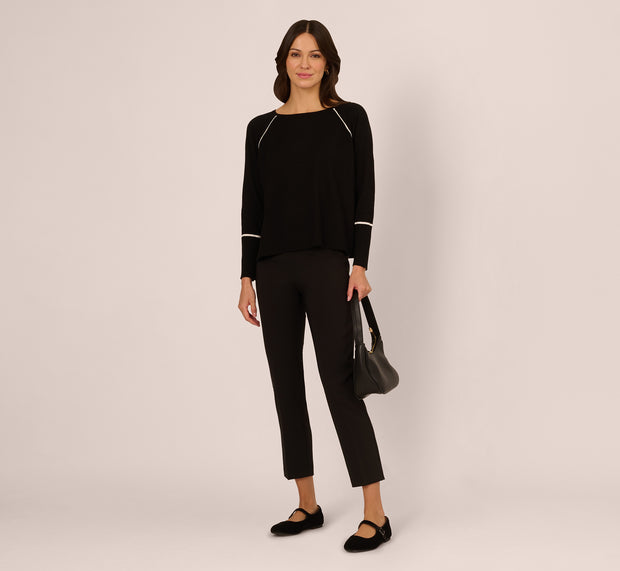 Aidan Mattox Boat Neck Slouchy Dolman Sleeve Raglan Sweater In Black Ivory