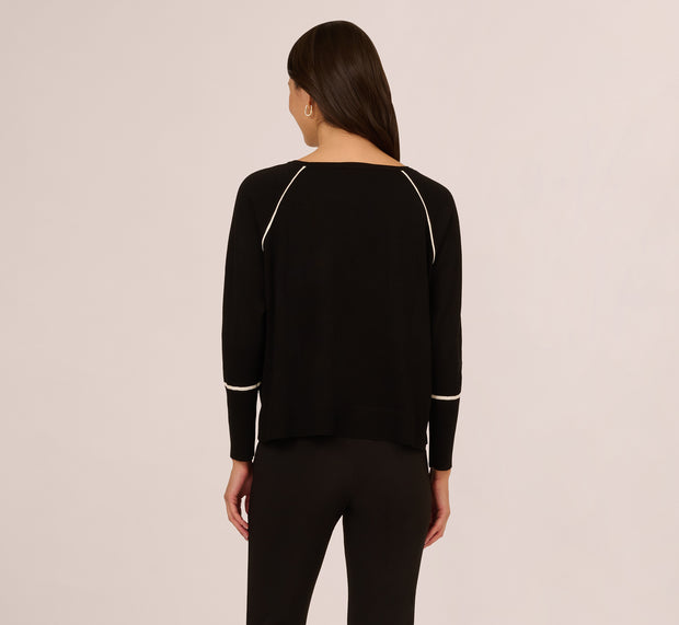 Aidan Mattox Boat Neck Slouchy Dolman Sleeve Raglan Sweater In Black Ivory