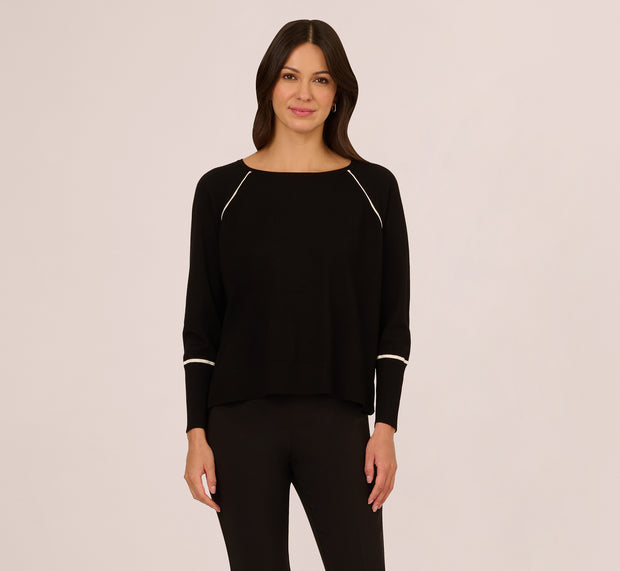 aidan mattox Boat Neck Slouchy Dolman Sleeve Raglan Sweater In Black Ivory