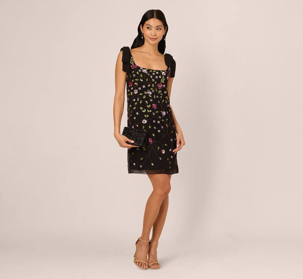 aidan mattox Bow Shoulder Floral Beaded Sheath Dress In Black Multi