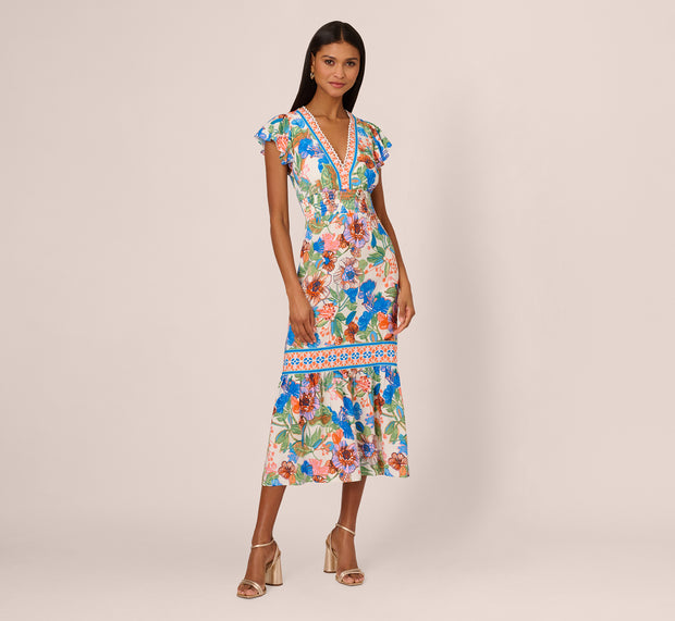 Aidan Mattox Bright Floral Print Midi Dress With Flutter Sleeves In Blue-Green Mult