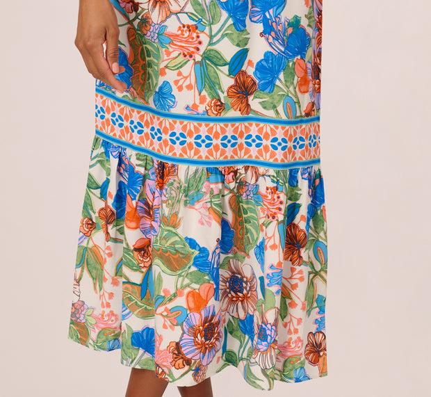 Aidan Mattox Bright Floral Print Midi Dress With Flutter Sleeves In Blue-Green Mult