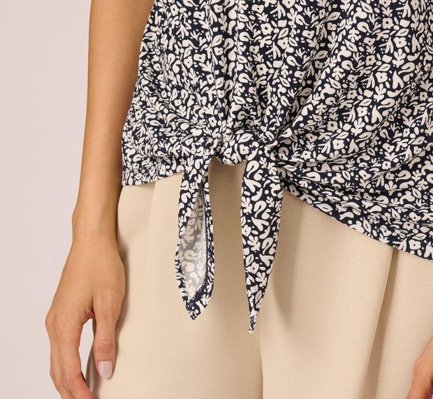 Aidan Mattox Bubble Sleeve Printed Tie Waist Top In Navy Stencil