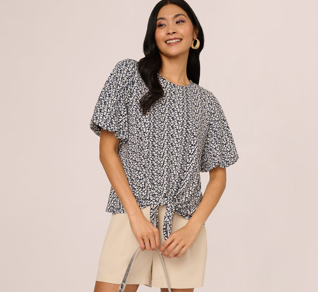 aidan mattox Bubble Sleeve Printed Tie Waist Top In Navy Stencil