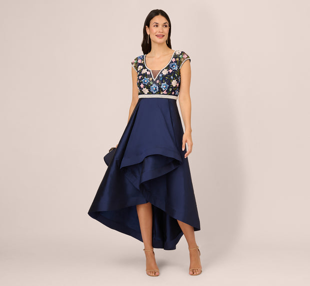 Aidan Mattox Cap Sleeve Beaded Gown With Taffeta High Low Skirt In Light Navy