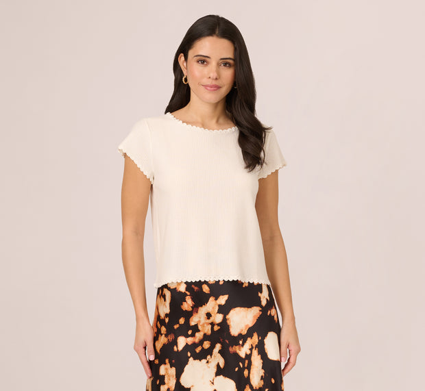 Aidan Mattox Cap Sleeve Crochet Scallop Sweater Top In Ivory