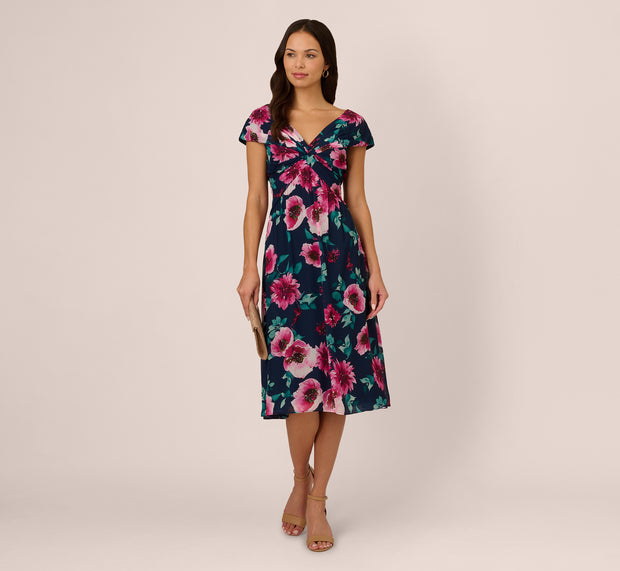 Aidan Mattox Cap Sleeve Floral Chiffon A Line Midi Dress In Navy Pink Multi