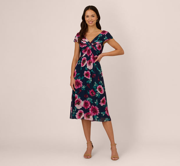 Aidan Mattox Cap Sleeve Floral Chiffon A Line Midi Dress In Navy Pink Multi