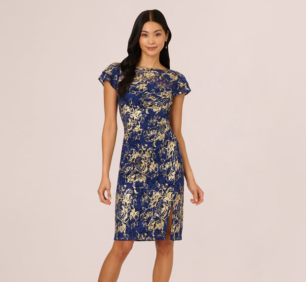 Aidan Mattox Cap Sleeve Foil Lace Sheath Dress In Navy Gold