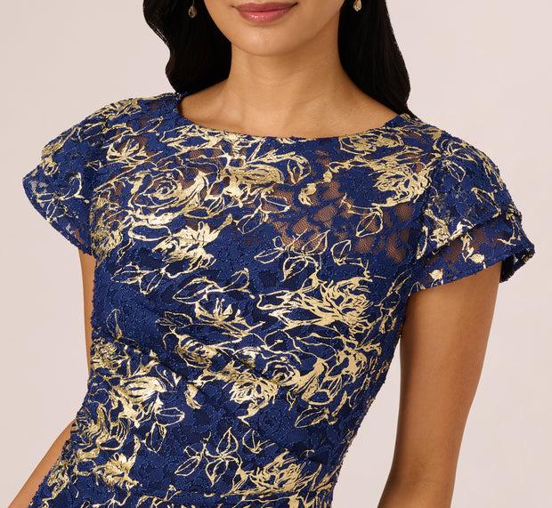 Aidan Mattox Cap Sleeve Foil Lace Sheath Dress In Navy Gold