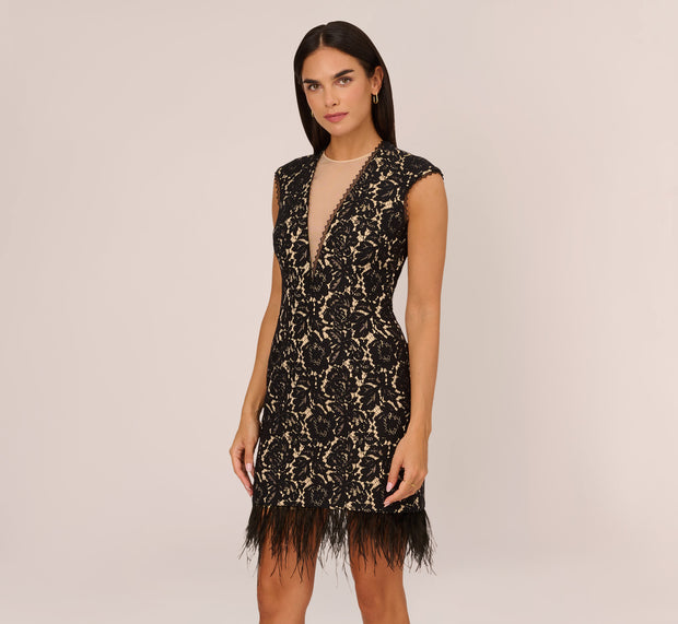 Aidan Mattox Cap Sleeve Lace Cocktail Dress With Feather Trim In Black Nude