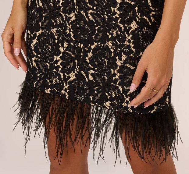 Aidan Mattox Cap Sleeve Lace Cocktail Dress With Feather Trim In Black Nude