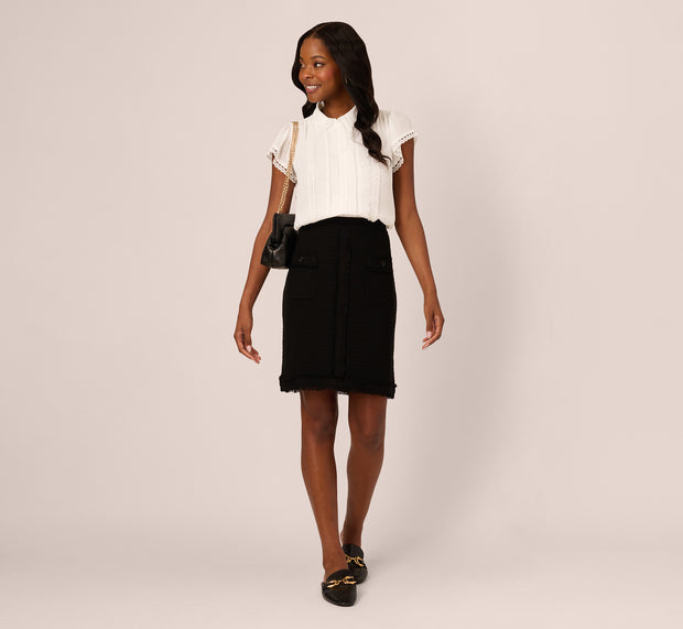 Aidan Mattox Cap Sleeve Lace Collared Blouse In Ivory