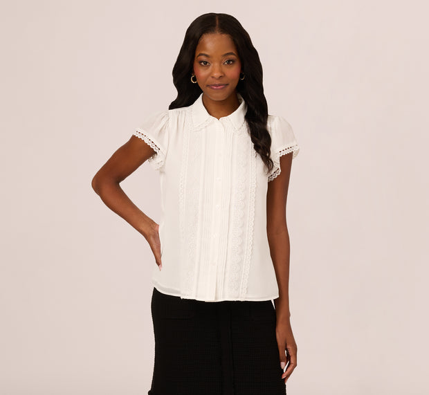 Aidan Mattox Cap Sleeve Lace Collared Blouse In Ivory