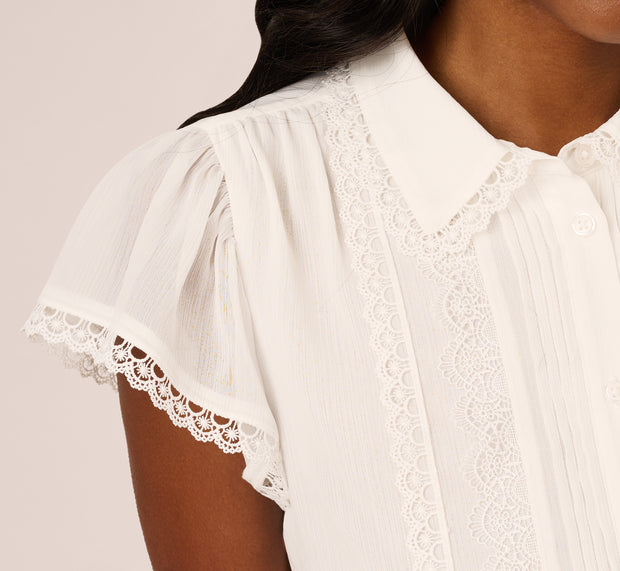 Aidan Mattox Cap Sleeve Lace Collared Blouse In Ivory