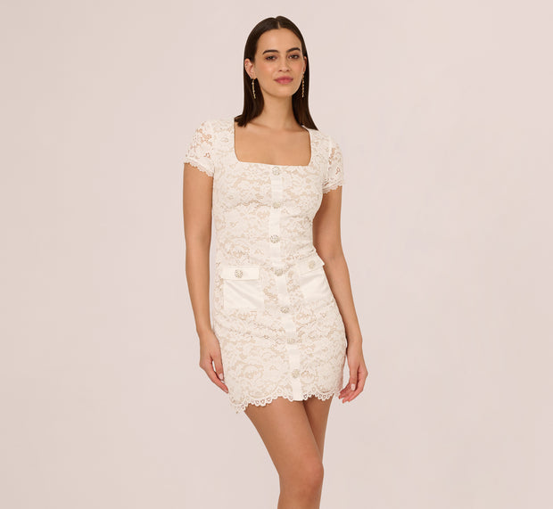 Aidan Mattox Cap Sleeve Rhinestone Button Lace Short Dress In Ivory