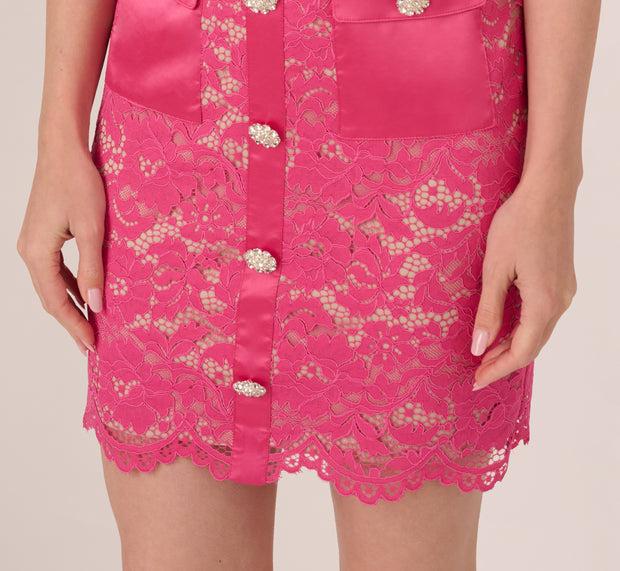 Aidan Mattox Cap Sleeve Rhinestone Button Lace Short Dress In Petunia