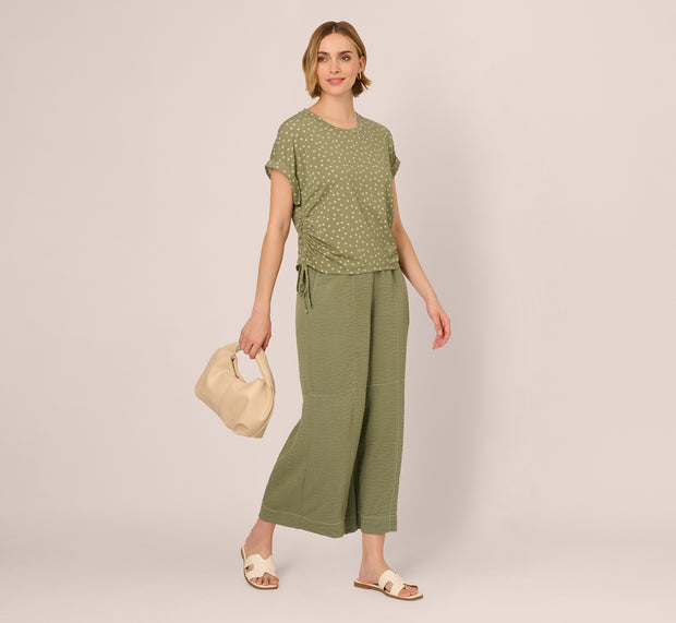 Aidan Mattox Cap Sleeve Ruched Side Top In Oil Green Scribble Daisy