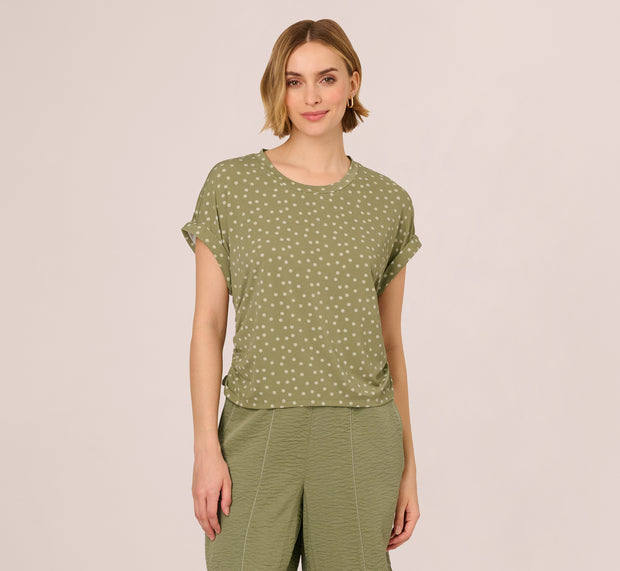 Aidan Mattox Cap Sleeve Ruched Side Top In Oil Green Scribble Daisy